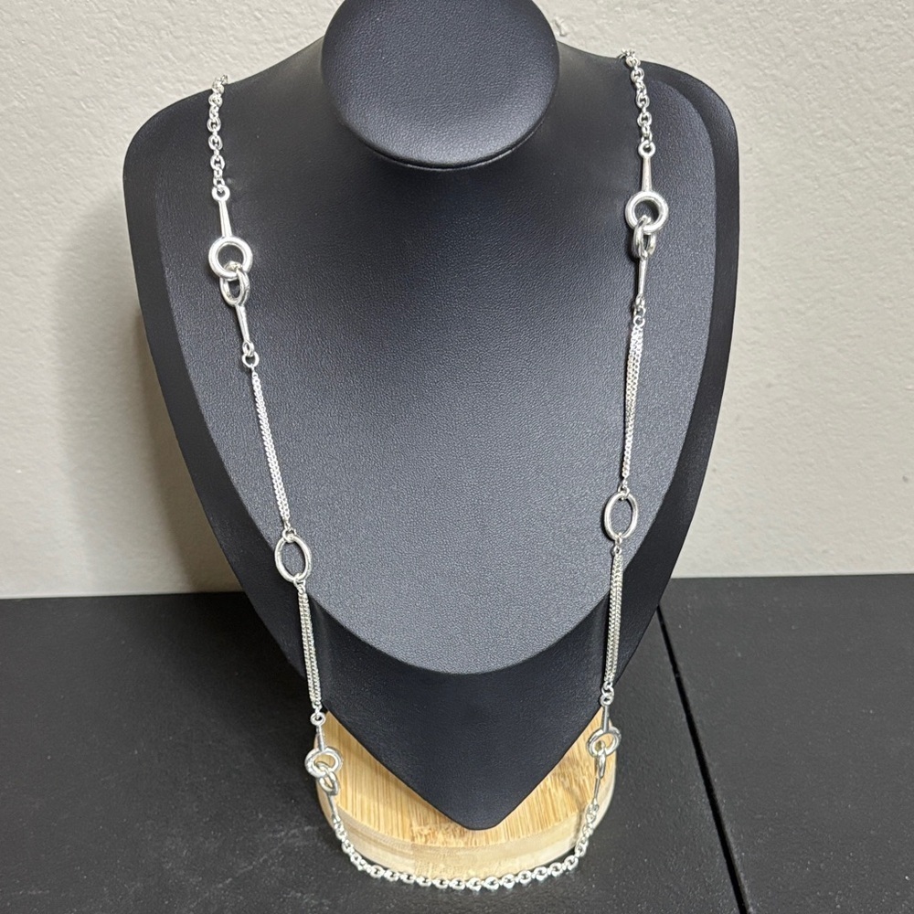 Long Silver Tone Interlocked Circles Chain Necklace